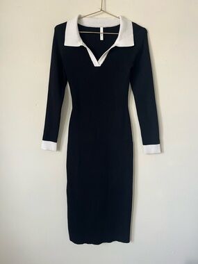 Simple old money minimalist capsule black Knit Long-Sleeve Polo Midi Dress S